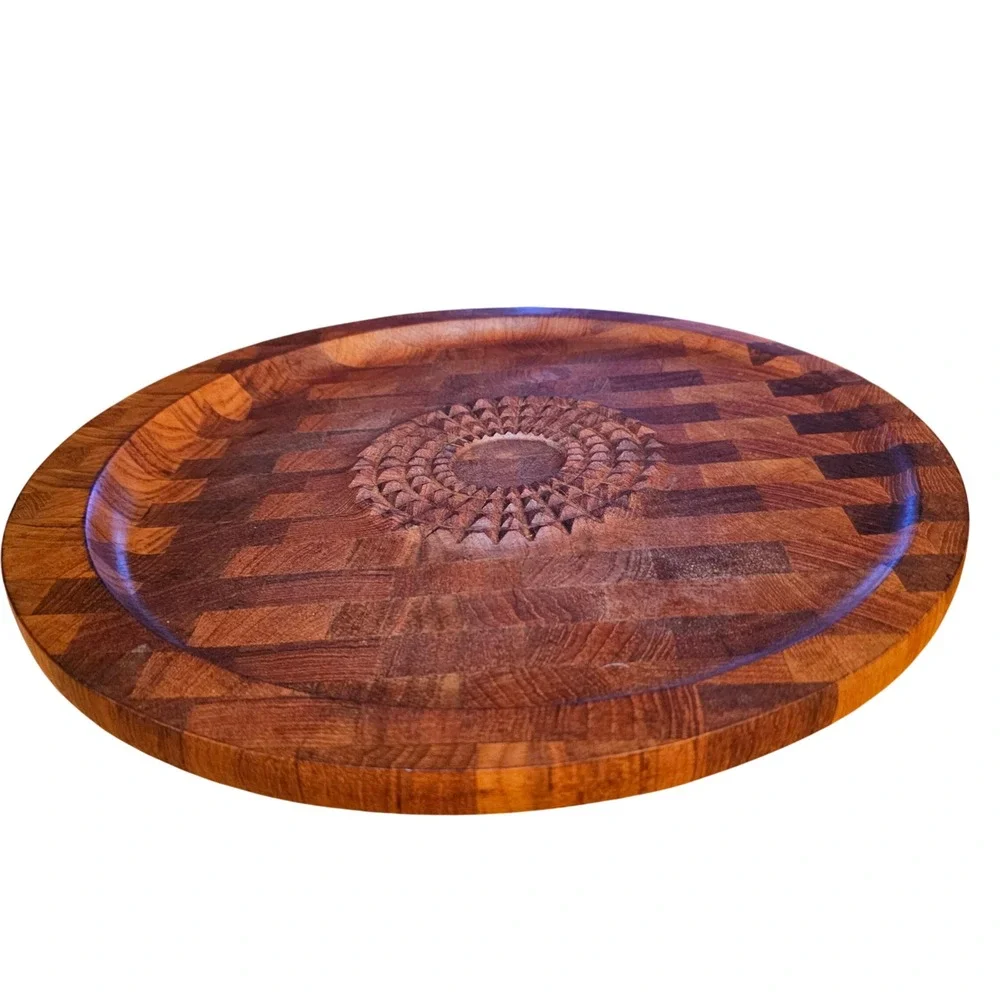 Vintage Digsmed Denmark Teak Serving Tray 1964 Carved Sunburst MCM Butcher Block